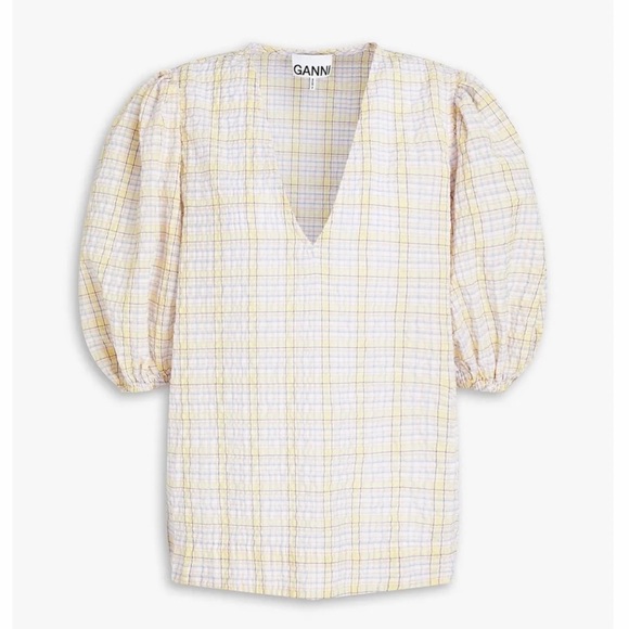 GANNI | Puff Sleeve V-Neck Plaid Check Seersucker Top - Picture 3 of 16